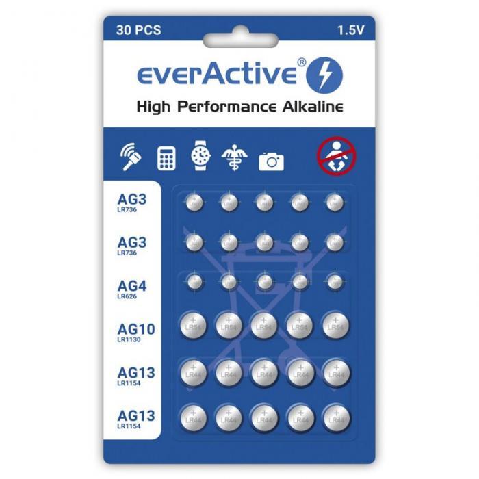 Set med 30 st alkaliska knappceller everActive @ electrokit (1 av 1)