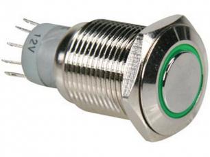 Push switch 1-p off-(on) vandal proof LED green @ electrokit