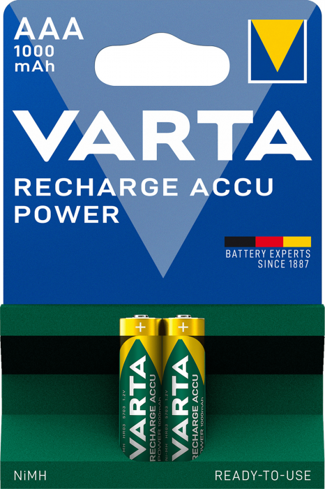 NiMH AAA batteri laddbart 1.2V 1000mAh Varta 2-pack @ electrokit (1 av 2)