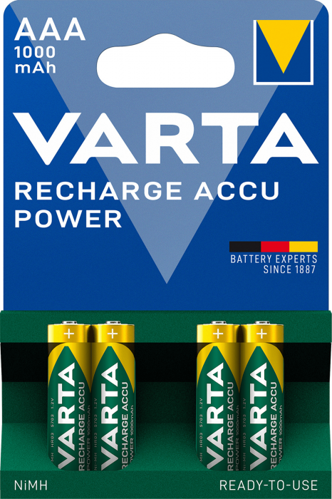 NiMH AAA batteri laddbart 1.2V 1000mAh Varta 4-pack @ electrokit (1 av 2)