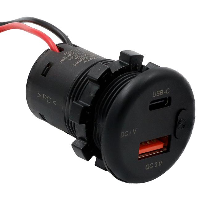 Flush mount charging socket USB-C + A 2x18W w. voltmeter 12-24V @ electrokit (4 of 4)