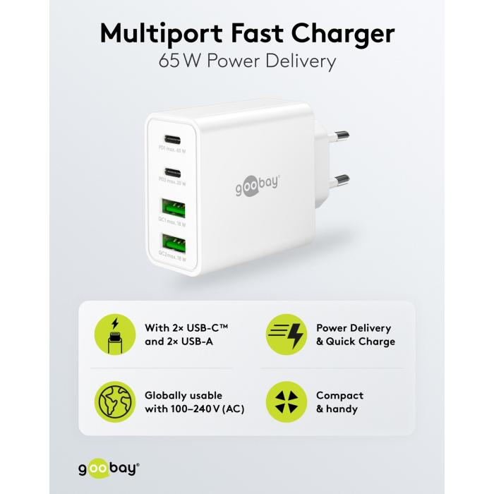 USB-C PD + USB-A multiport GaN laddare 65W vit @ electrokit (2 av 5)