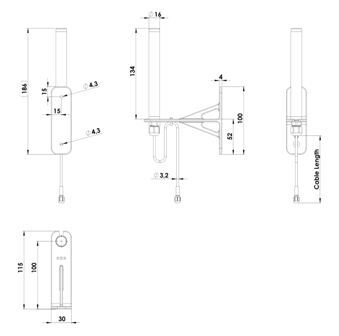 Antenn WiFi4 - 2.4/5GHz 1.6dBi RP-SMA väggfäste 3m kabel @ electrokit (2 av 2)