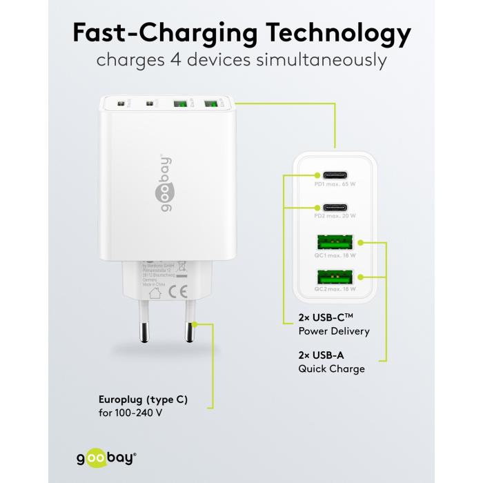 USB-C PD + USB-A multiport GaN laddare 65W vit @ electrokit (3 av 5)