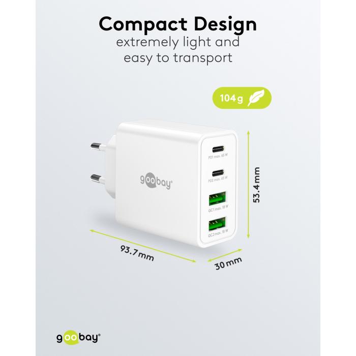 USB-C PD + USB-A multiport GaN laddare 65W vit @ electrokit (4 av 5)