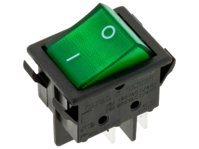 Vågomkopplare 2-pol on-off grön med lampa I/O @ electrokit (1 av 2)