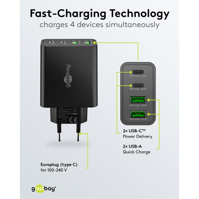 USB-C PD + USB-A multiport GaN laddare 65W svart @ electrokit (2 av 5)