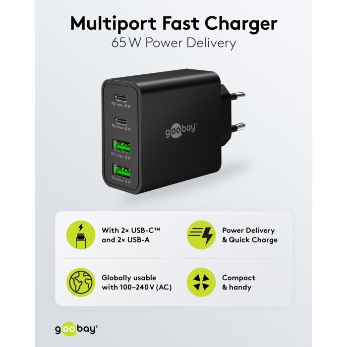 USB-C PD + USB-A multiport GaN laddare 65W svart @ electrokit (3 av 5)