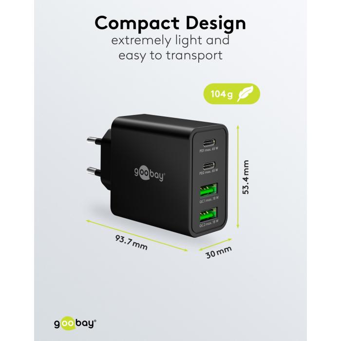 USB-C PD + USB-A multiport GaN laddare 65W svart @ electrokit (4 av 5)