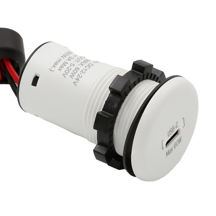 Flush mount charging socket USB-C 60W 12-24V white @ electrokit (2 of 3)