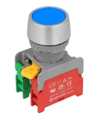 Tryckstr&ouml;mbrytare bl&aring; &oslash;22mm 1-pol NC + NO 230VAC / 3A IP65 @ electrokit