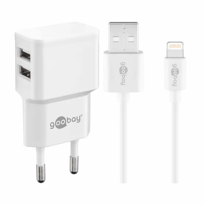 2-port USB-laddare 12W 2.4A för iPhone vit MFi-certifierad @ electrokit (1 av 4)