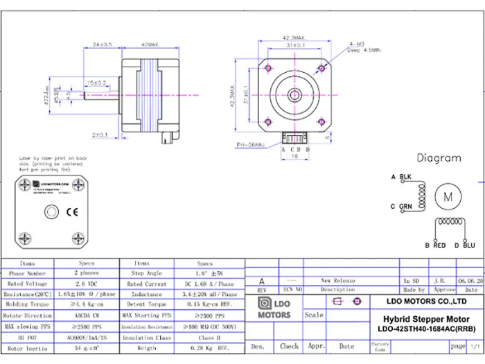 Nema 17 Stepper Motor - 40mm - 1.8degree/step, 61oz-in @ electrokit (2 of 2)