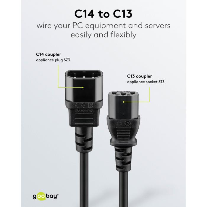 Nätkabel förlängning C13 till C14 1m svart @ electrokit (3 av 3)