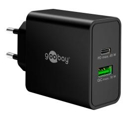 USB-C PD + USB-A GaN laddare 65W svart @ electrokit