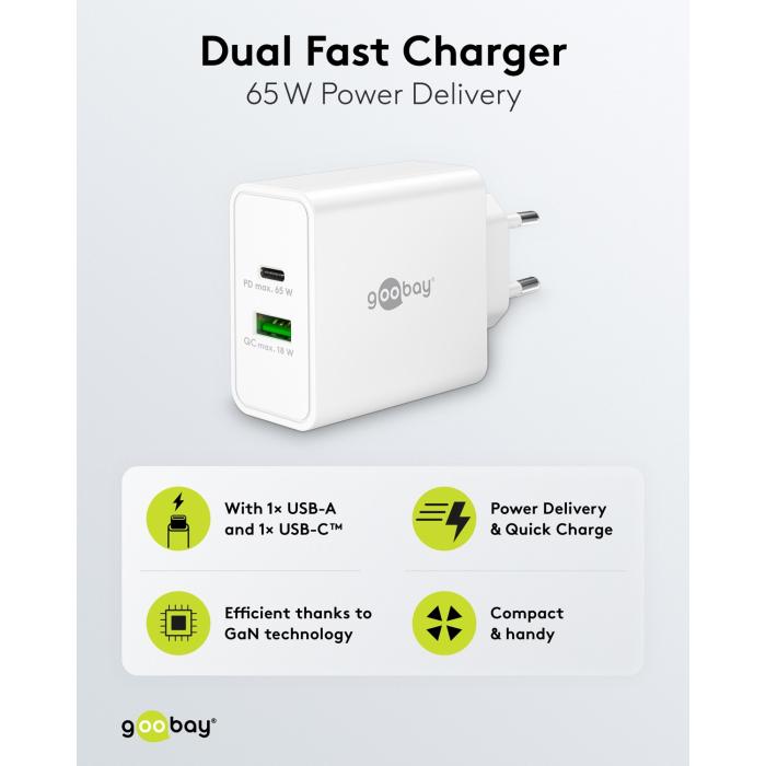 USB-C PD + USB-A GaN laddare 65W vit @ electrokit (3 av 5)