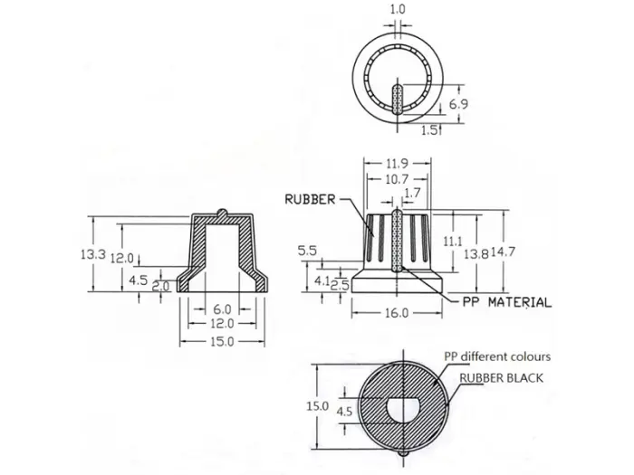 Ratt gummi svart ø16x14.7mm D-axel @ electrokit (3 av 3)