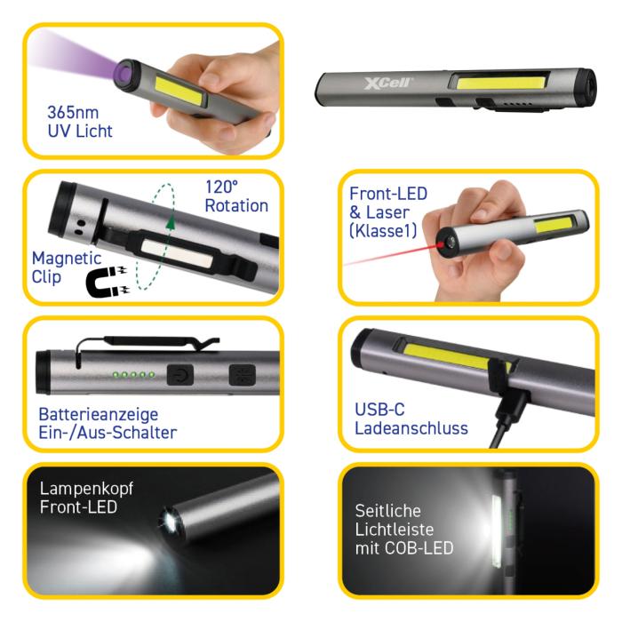 Pennlampa multi COB+UV+Laser laddningsbar USB-C @ electrokit (3 av 3)