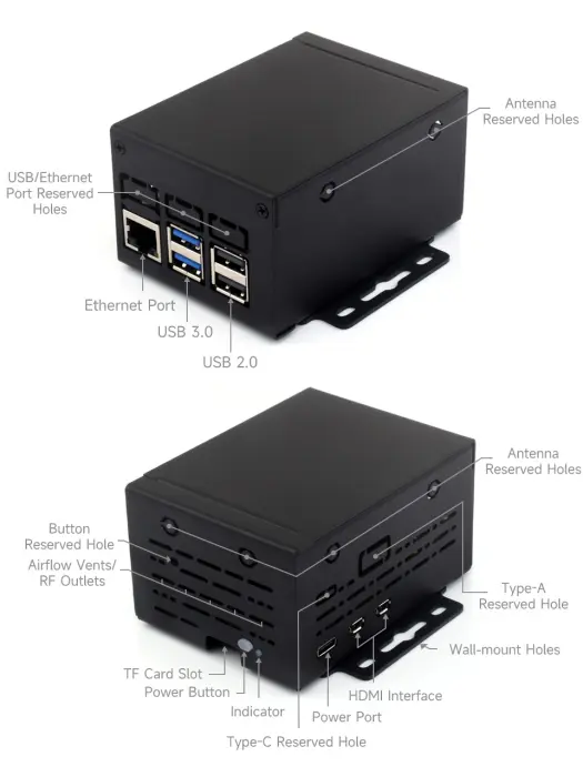 Rymlig inbyggnadslåda för Raspberry Pi 5 - svart metall @ electrokit (4 av 7)