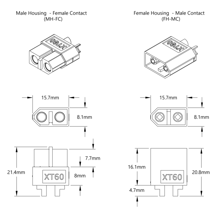 Strömkontakt 2-pol XT60 30A hona/hane 5-pack @ electrokit (2 av 2)