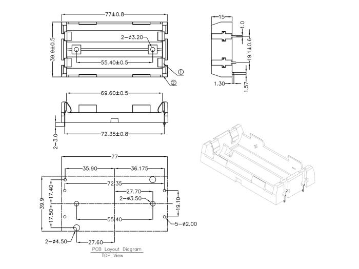 Batterihållare 2x18650 PCB stift @ electrokit (3 av 3)