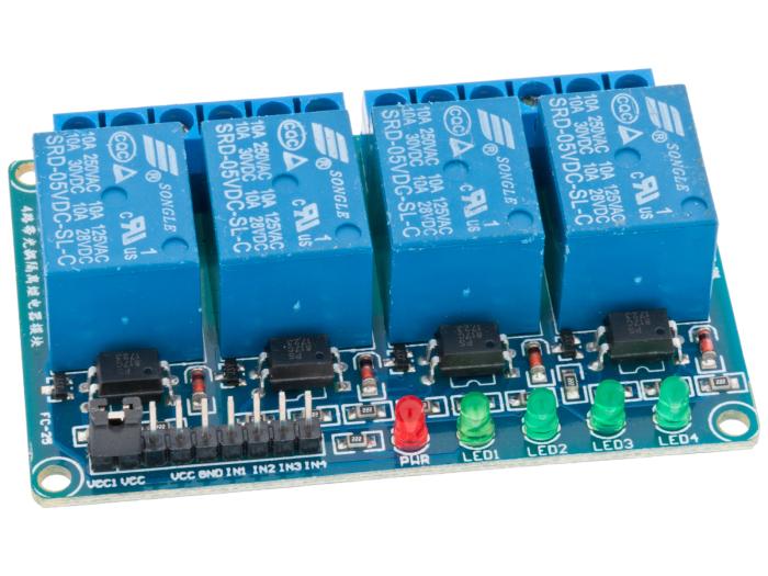Reläkort x4 5V opto-isolerat aktiv låg @ electrokit (1 av 4)