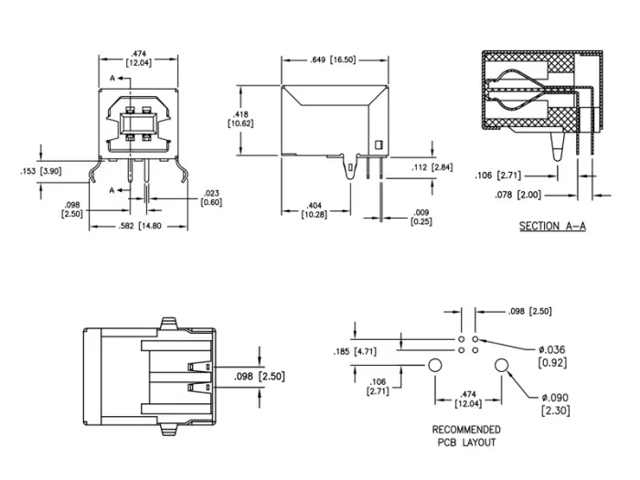 USB-B hona PCB vinklad @ electrokit (3 av 3)