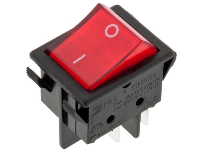 Vågomkopplare 2-pol on-off röd med lampa I/O @ electrokit (1 av 2)