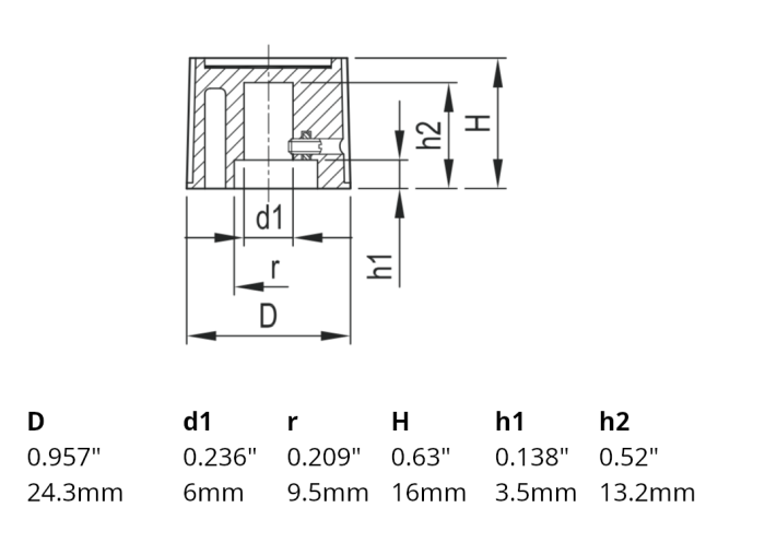 Ratt svart plast/aluminium ø24.3x16mm stoppskruv @ electrokit (3 av 3)