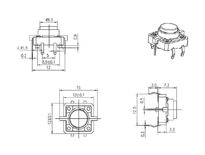 Tactile switch PCB 12x12x7mm w. LED red @ electrokit (4 of 4)
