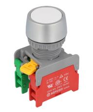 Tryckstr&ouml;mbrytare vit &oslash;22mm 1-pol NC + NO 230VAC / 3A IP65 @ electrokit