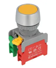 Tryckstr&ouml;mbrytare gul &oslash;22mm 1-pol NC + NO 230VAC / 3A IP65 @ electrokit