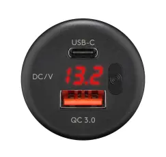 Inf&auml;llt ladduttag USB-C + A 2x18W med voltm&auml;tare 12-24V @ electrokit