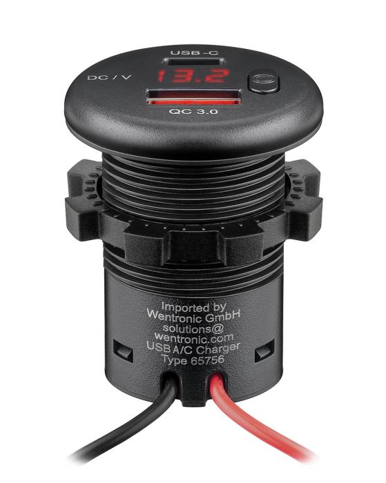 Flush mount charging socket USB-C + A 2x18W w. voltmeter 12-24V @ electrokit (2 of 4)