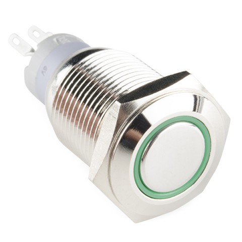 Push switch 1-p off-on vandal proof LED green @ electrokit