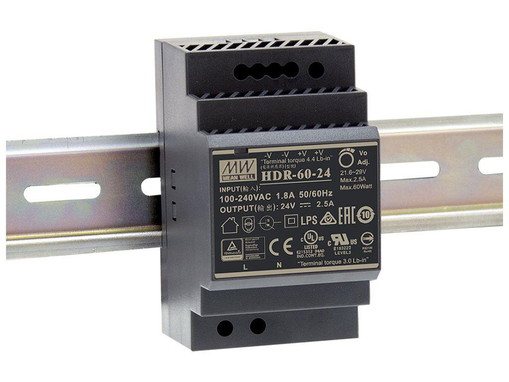 Switchat nätaggregat 24V 2.5A DIN-skena HDR-60-24 @ electrokit