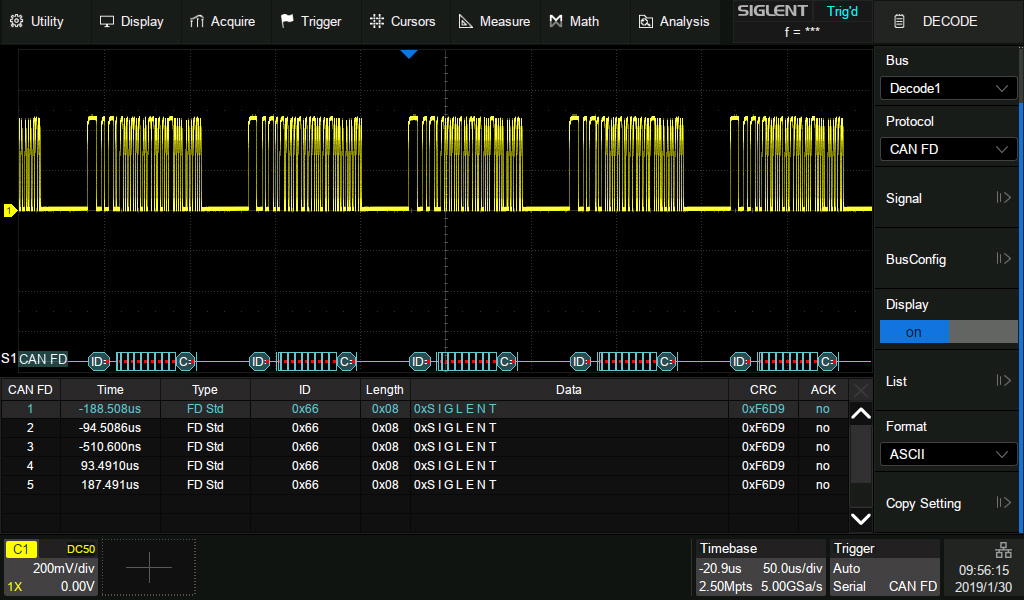 CAN FD trigger & decode SDS2000HD-CANFD