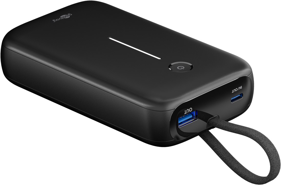 Powerbank 20000 mAh USB-C PD + USB-A 20W inbyggd kabel