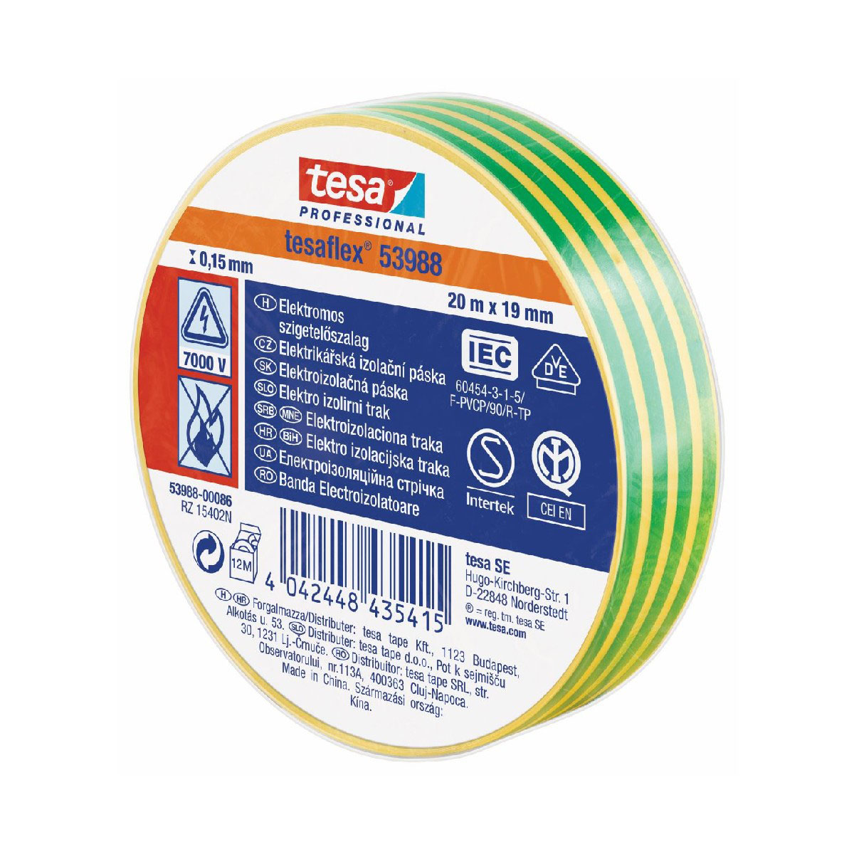 Eltejp gul/grön 20m 19mm tesaflex