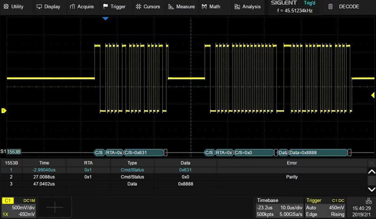 MIL-STD-1553B trigger & decode SDS2000HD-1553B