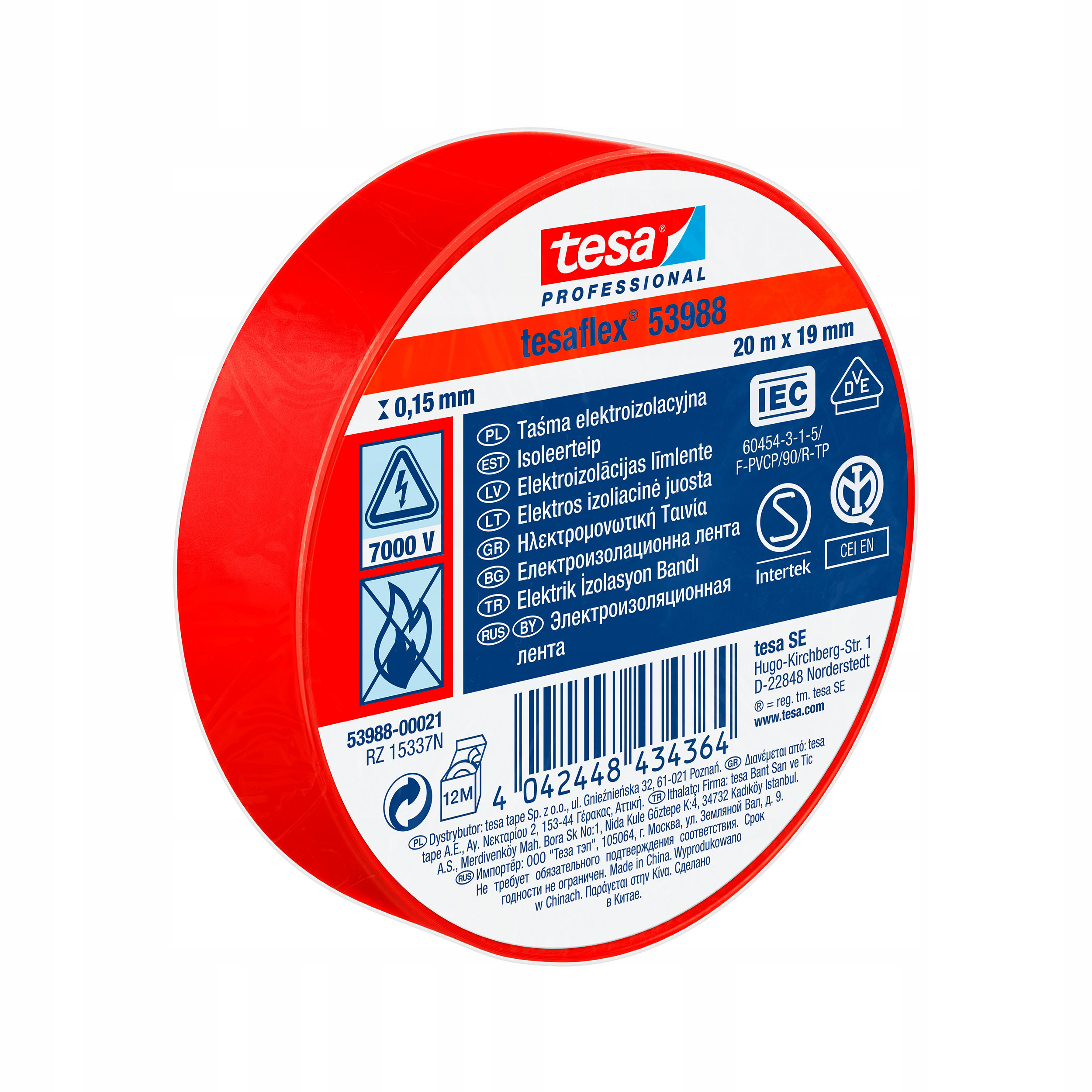 Eltejp röd 20m 19mm tesaflex